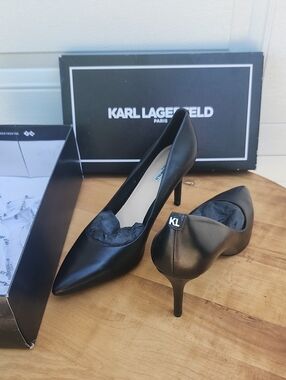 Karl Lagerfeld Black Pointed Leather High Heels – KL Logo Accent